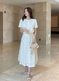 Digen Check Dot String Layered Long Skirt