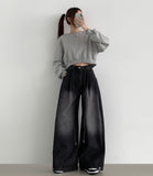 Big Two Pin Tuck Waist Adjustment Washing Maxi Wide Fit Hem Snap Denim Pants