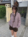 Mud Collar Stripe Color Matching Knit Cardigan