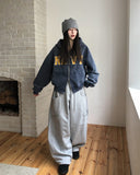 Navy Lettering Brushed Washing Hood Zip-Up