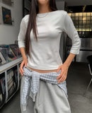 Autumn Boat Neck Semi-Crop Three Quarter Tee