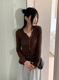 Toot lace layered button ribbed long sleeve knit