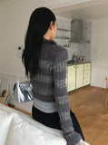 Near angora fur color matching stripe two-way diagonal zipper long sleeve knit