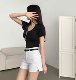 Deep U-neck Square Neck Slim Fit Short Sleeve T-Shirt