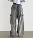 Cargo Pocket Washing Cut Line Wide Fit Denim Pants