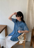 Rinta Stripe Color Matching Denim Hood Short Sleeve Shirt