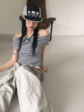 Seby Stripe Diagonal Off-Shoulder T-Shirt