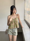 Rifen Check Cap Shirring Ribbon Flare Strap Sleeveless
