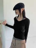 Ripple Halter Layered V-Neck Cropped Long Sleeve T-Shirt