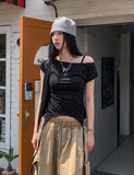 Star shirring strap two-way boat neck short sleeve