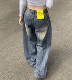 Stripe Folding Hem Snap Wide Denim Pants