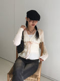 Sime Balletcore Ribbon String Punching Knit Cardigan