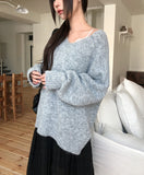 Tiyee slit V-neck unbalance long knit