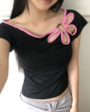 Mki Flower Slit Boat Neck Two-tone Short Sleeve T-shirt