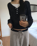 Soya Dot Half Button V-Neck Long Sleeve T-Shirt