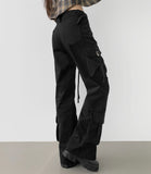 Waist Strap Low Waist Pocket Shirring Pin Tuck Wide Bootcut Pants