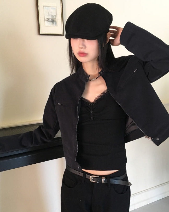 【WONDER WONDER】Boldy Incised Zipper Crop Biker Zip Up WONDER WONDER (ワンダーワンダー) - ボルディ切替ジッパー