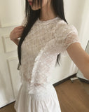 Puffy lace see-through frill t-shirt