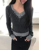 Lipin Color Matching V-Neck Slim Boucle Long Sleeve Knit