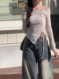 UN One-Off Shirring Unbalanced Knit T-shirt