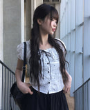 Melville Dot Wrinkle Puff Short Sleeve Blouse