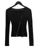 Wet Button Slit Zipper Long Sleeve Top
