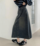 Simple Casual A-line 4-season Curved Line Denim Long Skirt