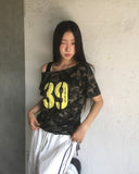 Ray Camo Number Print Off Shoulder Shirring Short Sleeve T-Shirt