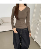V-neck Side Shirring Point Daily Slim Fit Long Sleeve T-shirt