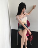 Botte Lace Ribbon Back Slit Checkered Mesh Short Sleeve T-shirt