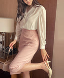 Laview Chiffon Color Matching Shirring Blouse