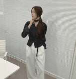 Waist Strap Neck Tie Balloon Puff Blouse