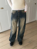 Wick Yellow Washing Slit Long Wide Denim Pants