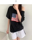 American Flag Loose Fit One Off Shoulder Short Sleeve T-shirt