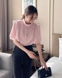 Netel Half-Neck Shirring Short Sleeve Blouse