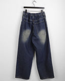 Tiso damage Mufa back banding washing denim long wide pants