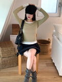 Anns Layered Color matching Round Long Sleeve Warmer T-Shirt