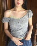 Kiha lace see-through puff crop short-sleeve T-shirt