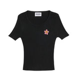 Pink Flower Dot Embroidery Crop Short Sleeve Knit