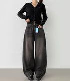 Side Tape Cut Line Brushed Balloon Wide Denim Pants