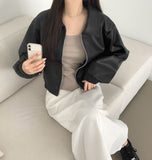 Autumn Pocket Zipper Loose Fit Leather Two-Way Crop Jacket