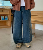 Pemeon cut washed wide denim pants