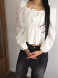 Ruson Puff Ribbon Shirred Square Neck Long Sleeve Blouse