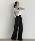 Hidden Banding Pin Tuck Long Wide Span Slacks Pants