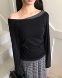 Elan Color Matching Shirring One-Shoulder Long-Sleeve T-Shirt