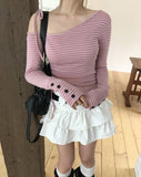 Delitte Stripe Unbalanced Shoulder Long Sleeve