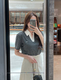 Heden Open Collar Stripe Puff Short Sleeve T-shirt