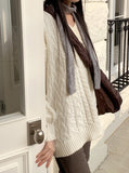 Length cable V-neck loose fit long long sleeve knit