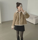 Suede Teddy Bear Button Collar Sleeve Fur Short Mustang