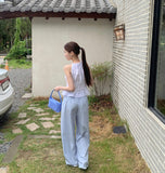 Frill Stripe Vacation Look Summer Wide Banding Pants